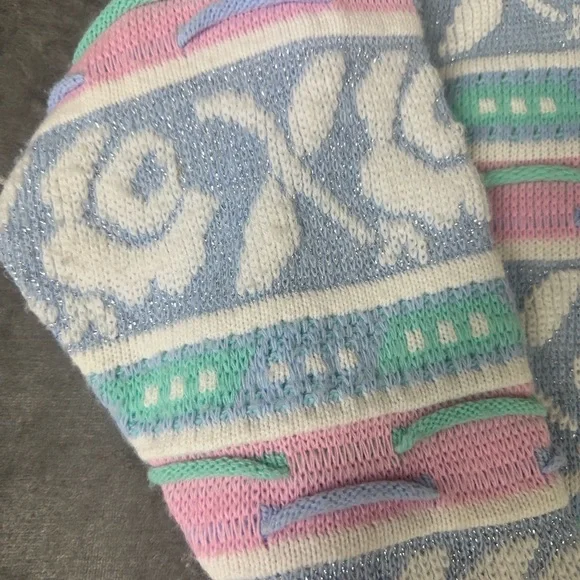 VTG 80s 90s Rose Textured 3D Knit Sweater Wms M NO SIZE TAG USA Pastel Glitter - Picture 6 of 14